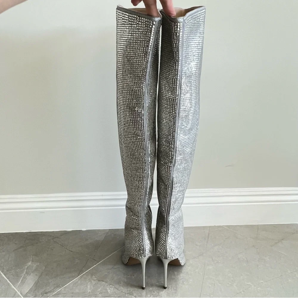 STEVE MADDEN Skyscraper Rhinestone Bling Silver Over The Knee Heels Boots Sz 6.5